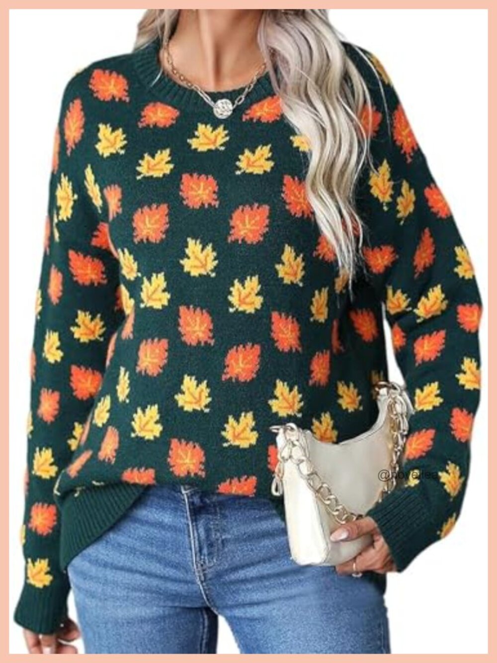 Womens Oversized Maple Leaf Jacquard Knit Pullover Sweater Crewneck Long Sleeve